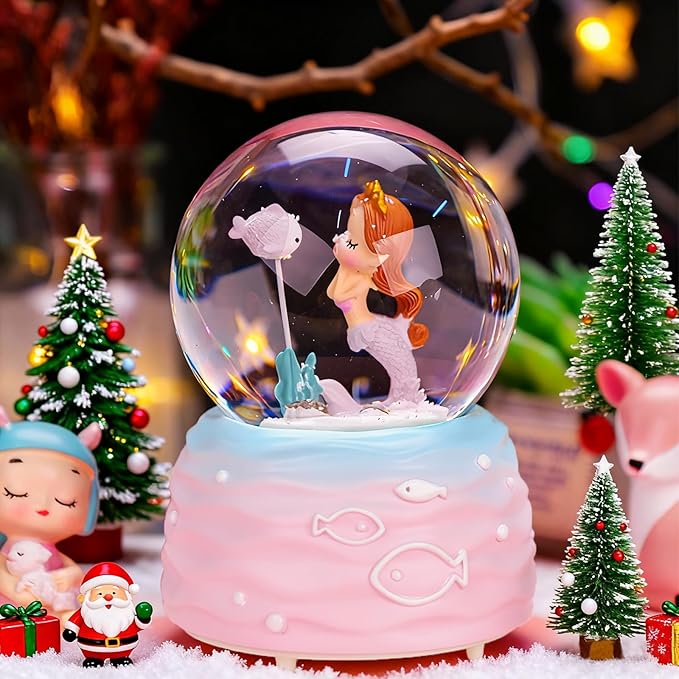 Snow Globes,Mermaid Snowglobes with Musical,LED Lights, Musical Snow Globe Music Box Color Lights