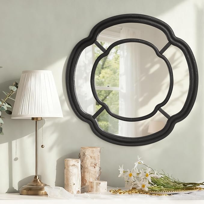 Black Wall Mounted Mirror, Large Irregular Circle Hanging Mirror Wooden Wavy Framed Round Decorative Mirrors for Hallway Entryway Vanity Decor 20 Inch Mirrors