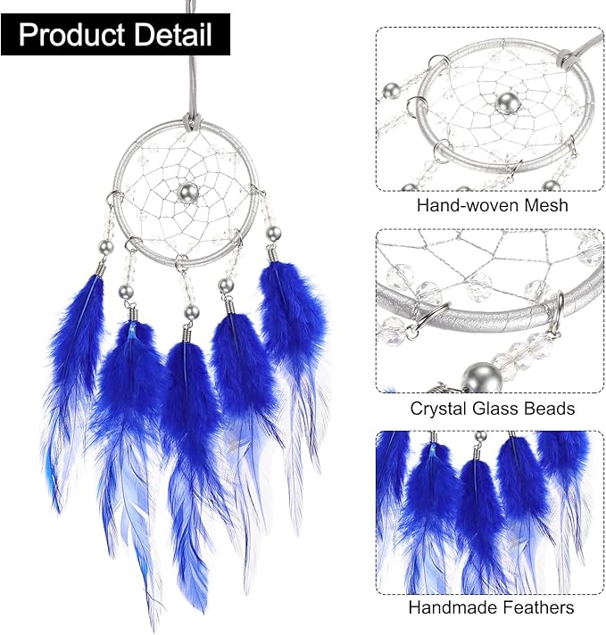 uxcell 2pcs Dream Catchers, Small Handmade Feather Dreamcatcher Supplies Car Charm with Crystal Beads Wall Hanging Decor for Home Car Decoration Ornament Women Friend Gift, Dark Blue
