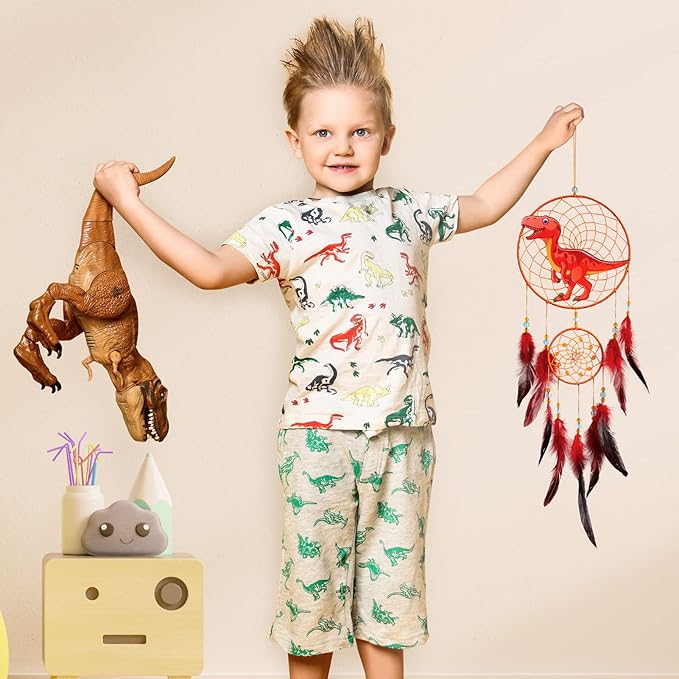 Basumee Dream Catcher for Kids Feather Dream Catchers Handmade Home Decor Wall Hanging with Double Ring for Nursery Bedroom Boys Room, Red Dinosaur