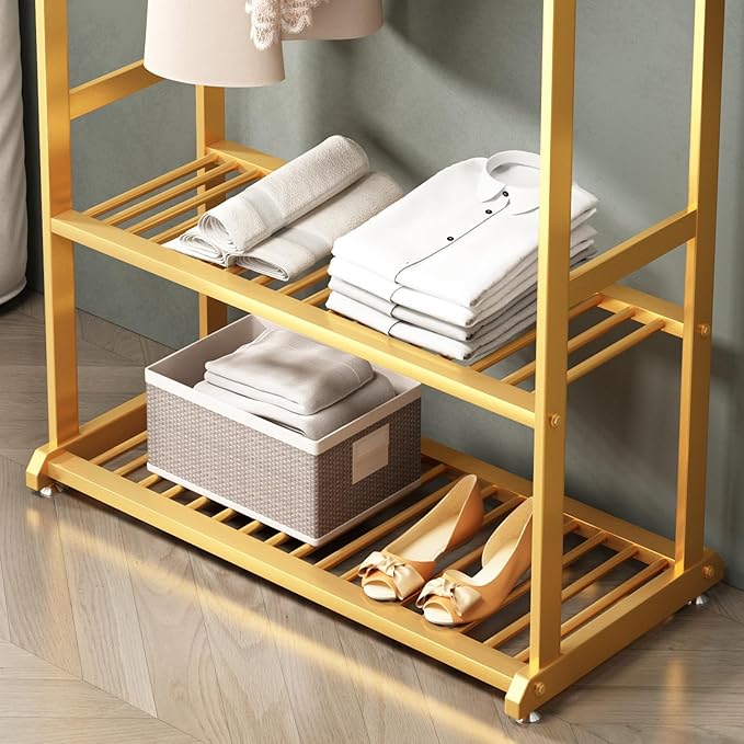 Gold Clothing Rack,Metal Garment Rack with Bottom Storage Shelves and 6 Side Hooks,modern Sturdy clothes racks for hanging clothes,Freestanding Wardrobe Rack for Bedroom or Boutique (L:39.4IN)