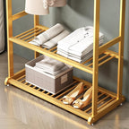 Gold Clothing Rack,Metal Garment Rack with Bottom Storage Shelves and 6 Side Hooks,modern Sturdy clothes racks for hanging clothes,Freestanding Wardrobe Rack for Bedroom or Boutique (L:31.5in)