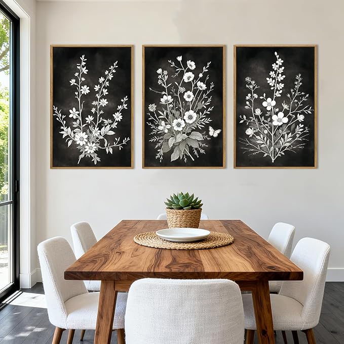 BINCUE Framed Black and White Floral Wall Art Set of 3 Botanical Wall Decor Flowers Paintings Botanical Art Prints White Floral Wall Pictures Black Artwork for Living Room Bedroom Office Farmhouse 16x24 Inches