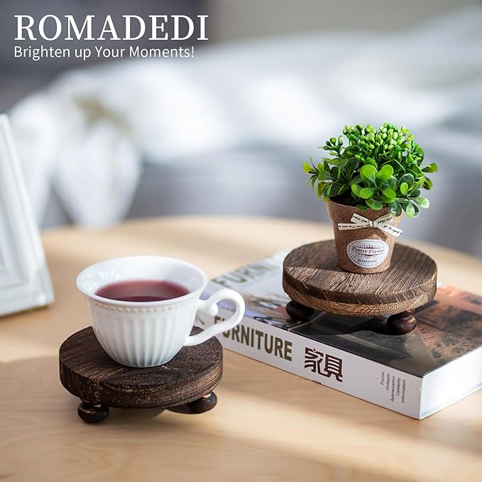 Romadedi Farmhouse Wood Riser for Display- 4 pcs Rustic Decor Mini Wooden Pedestal Decorative Round Tray for Home Table Bathroom Counter Shelf Kitchen, Brown