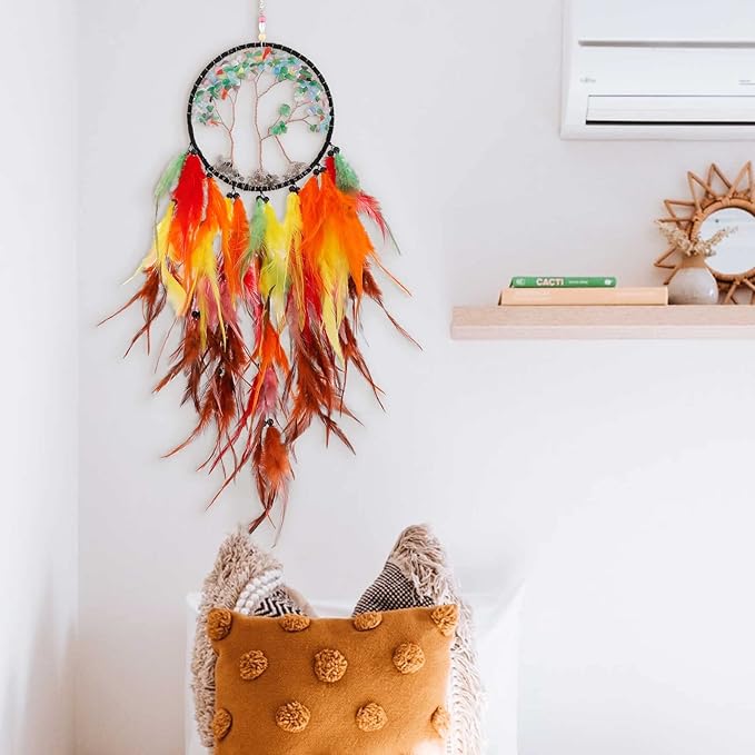 Pretty Jolly Cat's Eyes Tree of Life Dream Catcher Wall Decor with Healing Crystal Stone Handmade Colored Feather Dream Catchers Decoration Wall Hanging Bedroom Room Wedding Party Wish Gift-25.6"