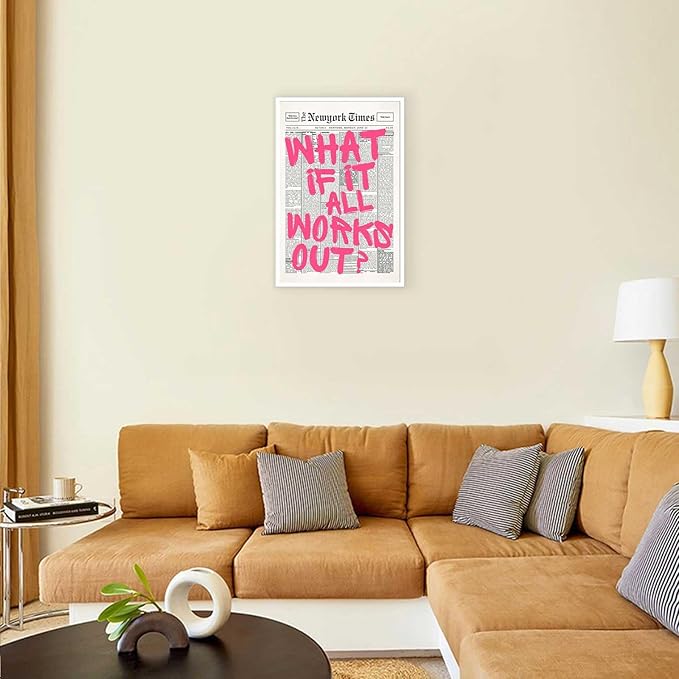 Drimiler Retro Newspaper Pink Font Poster What If It All Works Out Canvas Wall Art Positive Affirming Quote Minimalist Prints Painting For Home Bedroom Dorm Wall Decor 12x18in Unframed