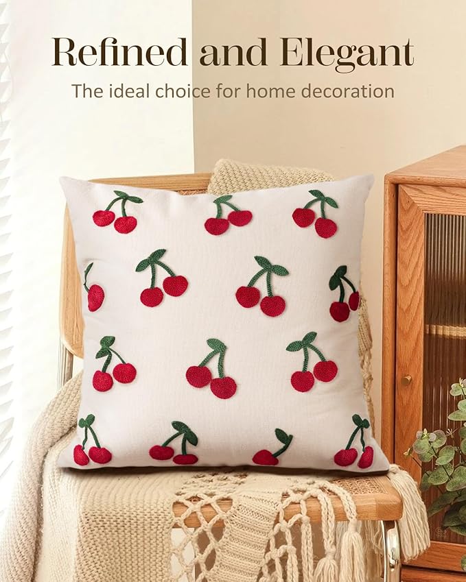 Embroidered Throw Pillow Cover 18x18 Inch - Spring Summer Boho Decorative Pillow Cover with Zipper for Living Room Couch Sofa Bed Aesthetic Design Little Cherry Cushion Pillowcase