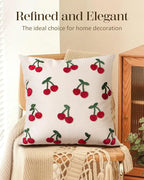 Embroidered Throw Pillow Cover 18x18 Inch - Spring Summer Boho Decorative Pillow Cover with Zipper for Living Room Couch Sofa Bed Aesthetic Design Little Cherry Cushion Pillowcase
