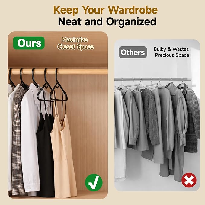 Black Plastic Hangers 18 Pack, Heavy Duty Clothes Hangers for Standard Size Hangers with Center Hook & Non-Slip Pants Bar for Shirts, Pants, Coat, Dresses, Jackets, Scarves and Belts