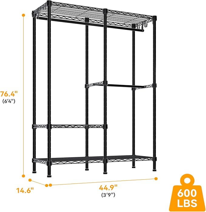 H18 Garment Rack for Hanging Clothes, 3 Tiers Portable Closet with 2 Hanger Rods, Freestanding Clothes Rack, 44.9" W x 14.6" D x 76.4" H, Max Load 600lbs, Black