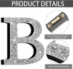 Qunclay 12'' Silver Crystal Diamond Bling Letters Crushed Diamond Decoration Wooden Glitter Letter with Screw and Hooks Rhinestone Gift for Wedding Y2k Mcbling Bedroom Wall Decor (Letter B)