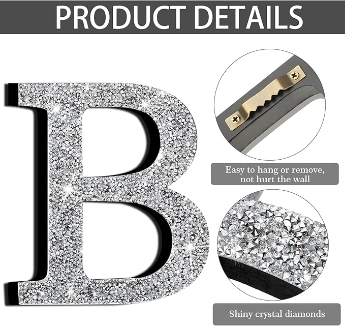 Qunclay 12'' Silver Crystal Diamond Bling Letters Crushed Diamond Decoration Wooden Glitter Letter with Screw and Hooks Rhinestone Gift for Wedding Y2k Mcbling Bedroom Wall Decor (Letter B)