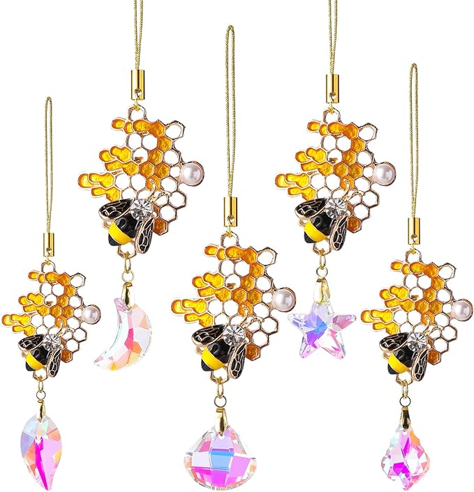 5Pcs Hanging Ornaments, Mini Crystal Prism Gold Metal Bee Xmas Tree Decorations, Crystal Suncatchers Hanging Ornament for Wedding Party Home Decor