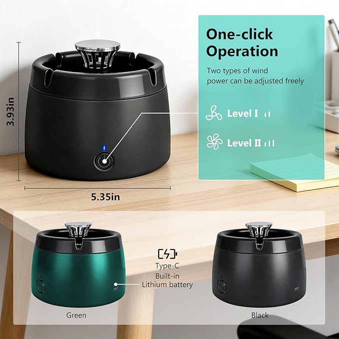 Smokeless Ashtray 2 in 1 Air Purifier Ashtray Smoke Removing Ash Tray Portable Smokeless Ashtrays USB Rechargeable Electric Ashtrays Indoor for Car Home and Office (Green)