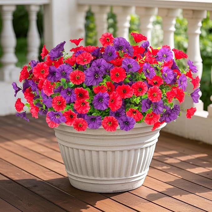 12 Bundles Morning Glory Artificial Flowers for Outdoor Decoration UV Resistant Fake Plastic Plants Artificial Greenery for Indoor Outdoor Garden Patio Window Box Home Decor