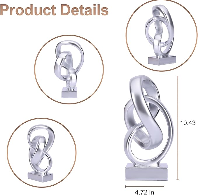 WUBIANJIE Modern Abstract Knot Sculpture, Artistic Mobius Inspired Resin Decor, Elegant Home and Office Decor, (Silver)