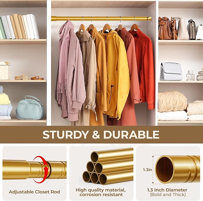 Mavivegue Closet Rod, 17 to 57 Inch Gold Adjustable Closet Rods for Hanging Clothes, Hanging Rod for Closet Wardrobes Laundry RV, Bathroom