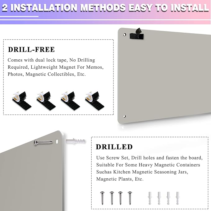 Magnetic Board,17.5" x 11.4" Magnet Bulletin Board to Display Magnetic Notes, Poetry, Photos, Suitable for Wall, Refrigerator, Cabinet etc, Come with 4 Pcs Dual Lock Tape and Screws (Gray)