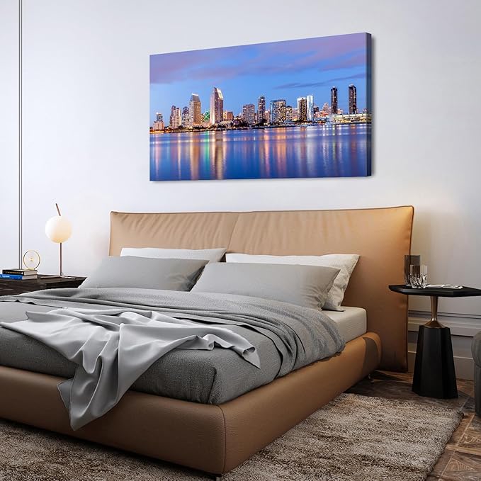 San Diego City Wall Art USA Cityscape Wall Decor Sunset San Diego Skyline Canvas Prints Picture California Night View Painting Poster Modern Artwork for Bedroom Living Room Home Decorations 24x48”