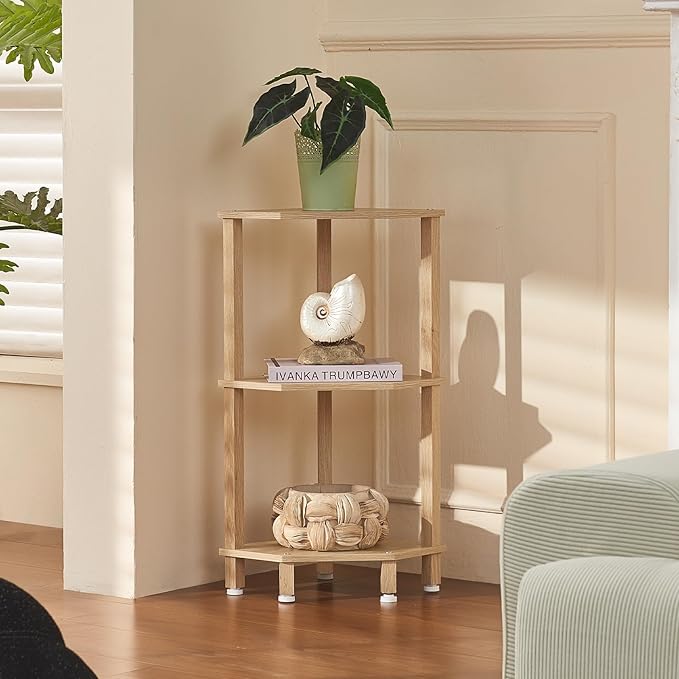 YUFAM 3-Tier Corner Shelf with Sturdy 5-Leg Base, Wooden Corner Bookshelf for Small Spaces, Small Corner Table for Living Room, Bedroom, Bathroom, Natural
