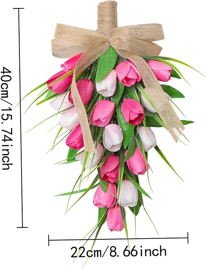 Spring Swags Ideal for Front Door Artifical Tulips Teardrop Swag with Burlap Bow Hanging Decorative Easter Wreath Ideal for Porch Wall Mother's Day 8.7x15.8 inch