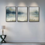 Large Framed Abstract Landscape Wall Art, 3 Piece Blue Watercolor Canvas Prints Paintings Artwork for Walls, Misty Lake Mountain Nature Pictures for Living Room Entryway Bedroom Wall Decor 20x30 In