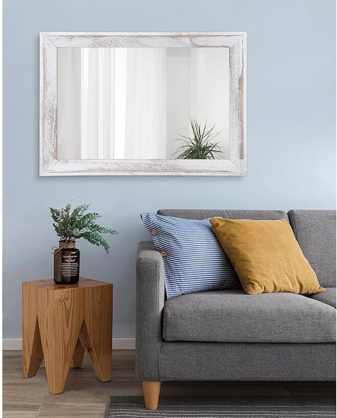 AAZZKANG Mirrors for Wall Rustic Wood Framed Hanging Mirror 28"x20" Decorative for Farmhouse Bedroom Bathroom Living Room Entryway Hallway White