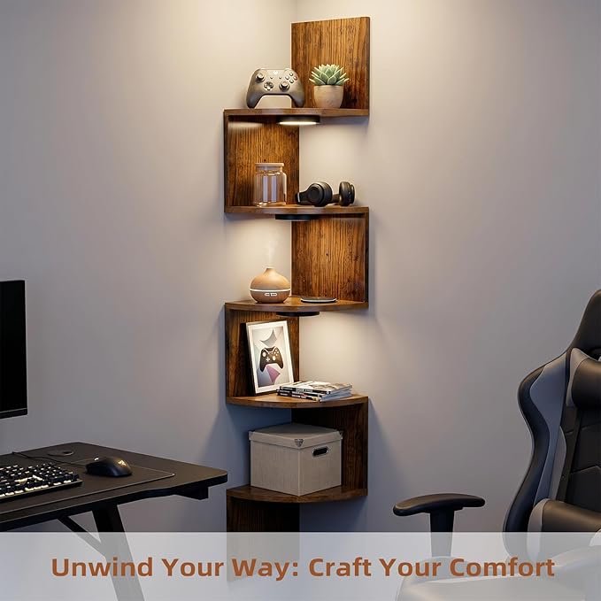 HAAYOT Corner Shelf Wall Mounted: 5-Tier Floating Shelves with Lights for Bedroom, Living Room, Home Office, Rustic Brown