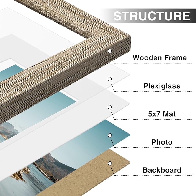 Vittanly 8x10 Picture Frames Set of 9, Shatter Resistant Plexiglass, Display 5x7 Pictures with Mat or 8x10 without Mat, Photo Frames for Wall or Tabletop, Engineered Wood, Light Wood