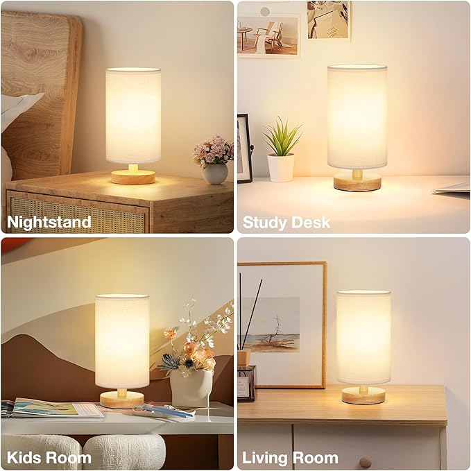 Fenmzee Small Table Lamp for Bedroom - Inline Control, Bedside Lamp with 3000K A15 LED Blub, Easy Assembly (White Shade - Wood Base, 9" Inline Control)