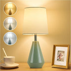 Small Bedside Table Lamp for Bedroom - Reading Desk Lamp with 3 Color Temperatures，15.5" Nightstand Ceramic Lamp with Fabric Shade for Kids Room,Living Room,Dorm,Home Office (Green+White)