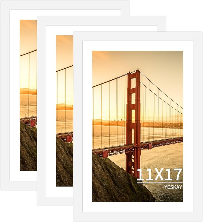 11x17 Picture Frame 3 Pack - White Poster Frame Display Pictures 9x15 with Mat or 11 x 17 Without Mat for Wall Hanging Horizontal and Vertical