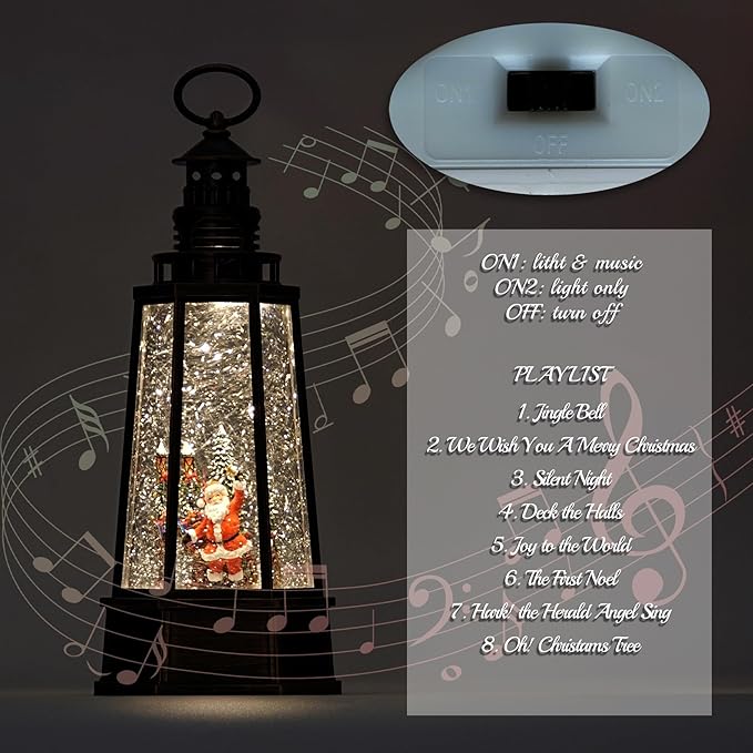13.5'' Christmas Santa Snow Globe, Retro Lighthouse Style Musical Lighted Water Lantern, Decoration with Swirling Glitter, USB Powered and Battery Operated, Xmas Home Décor Gift