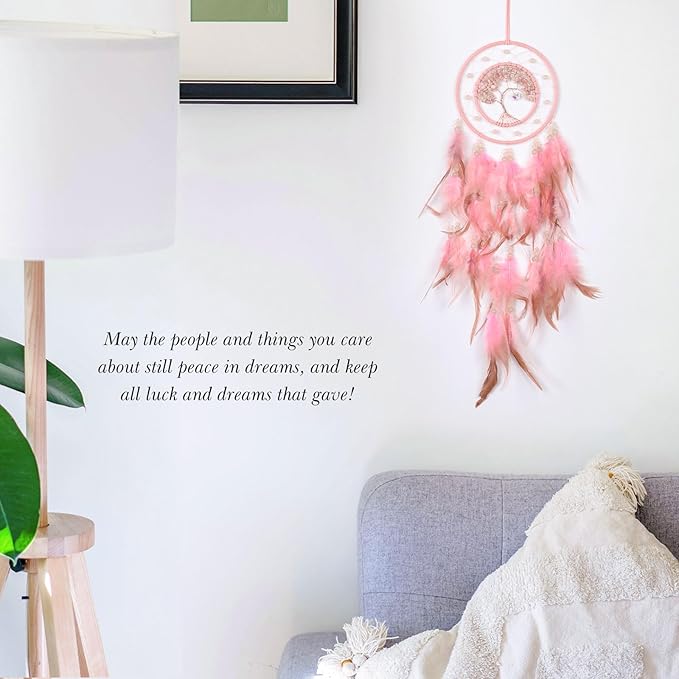 Pretty Jolly Pink Tree of Life Dream Catcher Wall Decor with Luminous Beads Handmade Crystal Stones Dreamcatchers Wall Hanging with Small Butterfly Pendant for Bedroom Wedding Party Wish Gift