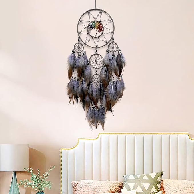 Grey Large Dream Catcher Wall Decor Crystal Tree of Life Dream Catchers Handmade Feather Dreamcatcher Wall Hanging Ornament for Bedroom Living Room Home Decor