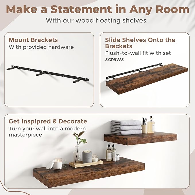 48 Inch Long Floating Shelves for Wall 2 Pack, 12"D Wood Grain Bathroom Shelves with Invisible Brackets, Easy Install Engineered Wood Storage Shelves for Kitchen, Living Room, Bedroom, Rustic Brown