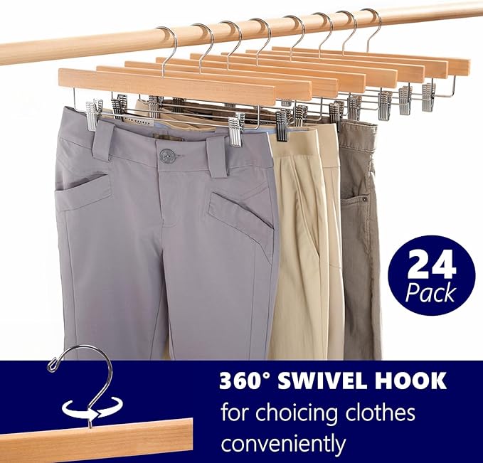 Amber Home 24 Pack Wooden Pants Hangers with Clips, 14" Natural Wood Skirt & Trouser Hangers, Closet Hangers for Jeans, Slacks, Shorts, with 2-Adjustable Clips (Natural, 24)
