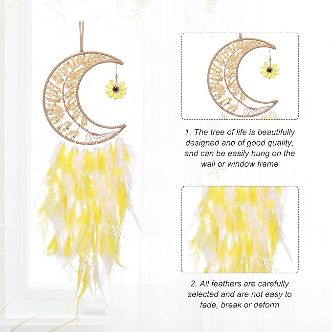 PATIKIL Crystal Life of Tree Dream Catchers, 28 Inch Feather Handmade Moon Dream Catchers with Gemstone Agate Stone Wall Hangings Decor for Home Wedding Bedroom Living Room, Yellow White