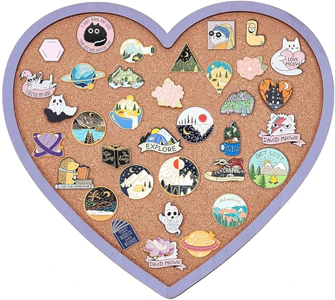 BENECREAT Purple Heart Pin Cork Board Bulletin Display Board, 10.6x11.8inch Wall Mounted Cork Board for Brooch Pin Storage, Office Home Festival Valentine's Decor