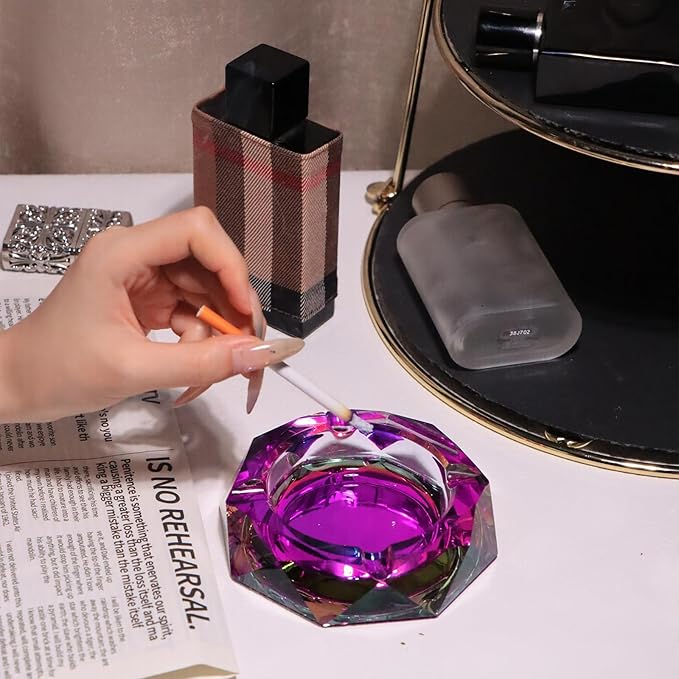 Coomin Crystal Glass Ashtray, Sparkly Cigar Cigarettes Ash Tray, Ashtrays for Smokers Indoor Office Home Desktop Tabletop, Unique Luxury Gifts for Women, Purple