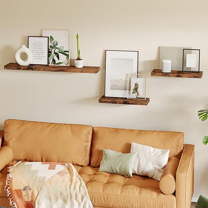 Fixwal Wood Floating Shelves, Wall Shelves Set of 4, Shelves for Wall Decor, with Invisible Brackets for Bathroom, Living Room,Bedroom and Kitchen(15.7in, Rustic Brown)