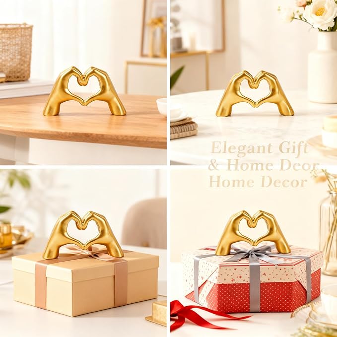 2 Pack Golden Heart Hands Decoration, Mini Modern Love Gesture Statue Finger, Abstract Art Sculpture Resin Home Wedding Decoration