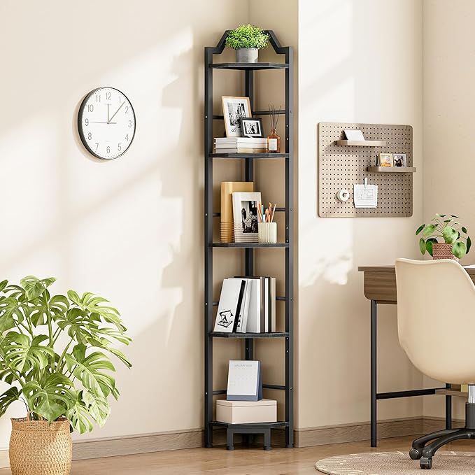 HOOBRO Narrow Corner Shelf Stand, 5-Tier Corner Shelf, 63” Tall Multipurpose Corner Bookshelf, Standing Display Shelf Plant Stand, for Living Room, Study, Kitchen, Black BB100CJ01