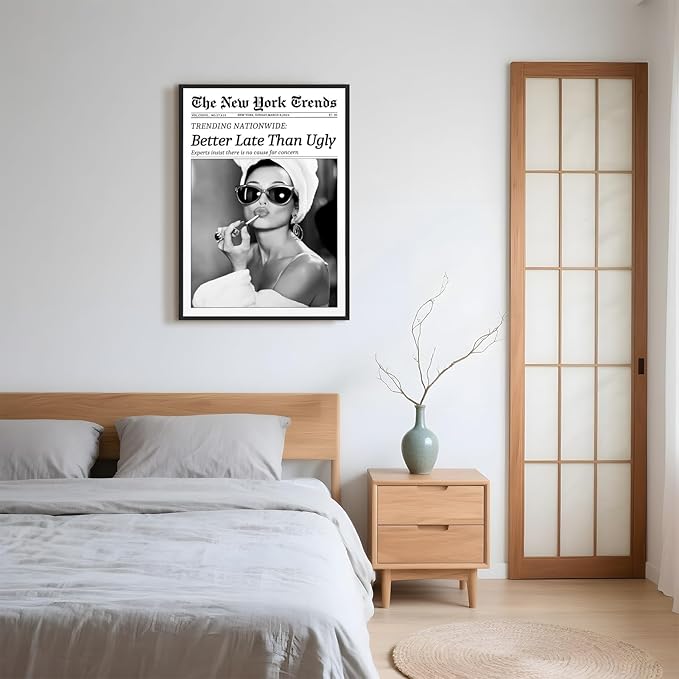 Framed Better Late Than Ugly Wall Decor Vintage Newspaper Wall Art Black and White Fashion Poster Audrey Hepburn Chic Decor New York Trends Glam Quote Canvas Print for Bedroom Bathroom Dorm 12x16inch