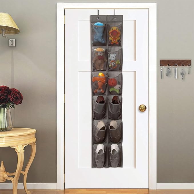 12 Large Pockets Over The Door Hanging Shoe Organizer, LIGHT BROWN COLOR