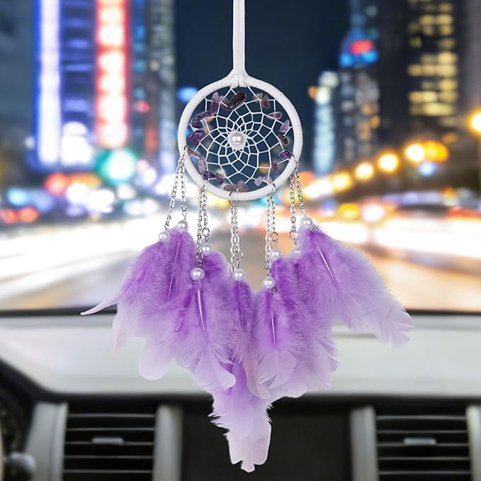 Pretty Jolly Crystal Stone Small Dream Catchers Purple Feathers Mini Dreamcatchers with Beads for Cars Rear View Mirror Hanging Decoration Good Luck Travel Charm Bedroom Ornaments for Women Girls