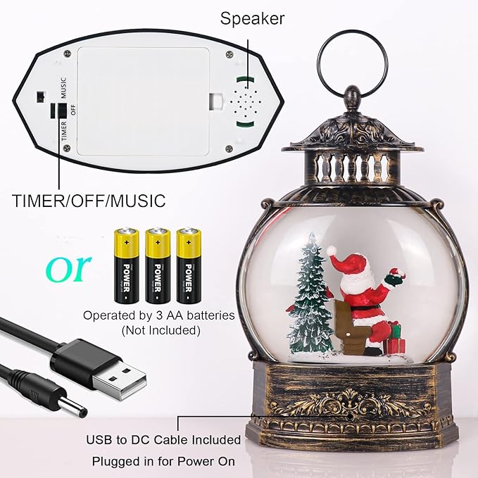 Wondise Lighted Christamas Snow Globe Lantern with Timer, 11.2 Inch USB Plug-in & Battery Operated Spinning Water Glitters Lighted Singing Snow Globe(Santa)