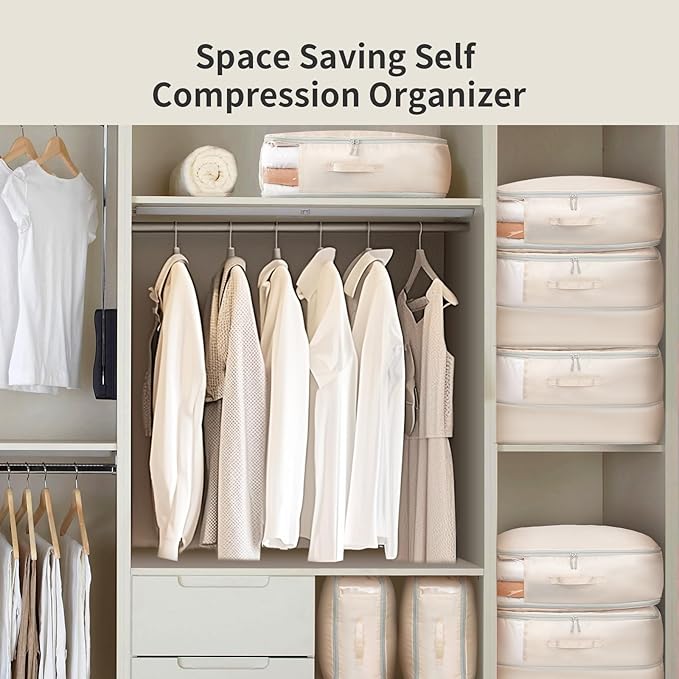 DIMJ Comforter Storage Bag - Ultra Space Saving Self Compression Organize for Duvet, Pillow, Bedding, Blanket Storage Organizer Nylon Compression Bags Large Capacity, Sheet Storage with Zipper, 4 Pack