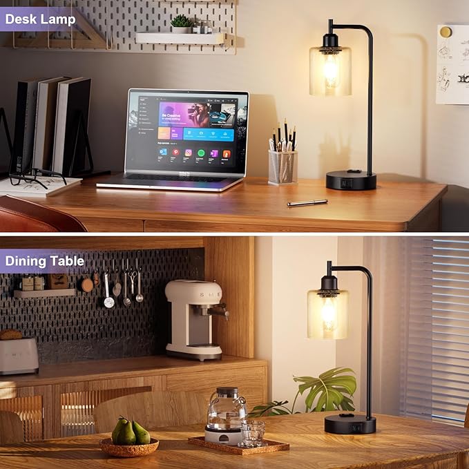 Industrial Touch Table Lamps for Bedrooms Set of 2 - 3-Way Dimmable Lamps with USB C+A Ports and Outlet, Black Bedside Lamps with Seeded Clear Glass Shade for Living Room, Desk Lamps for Home Office