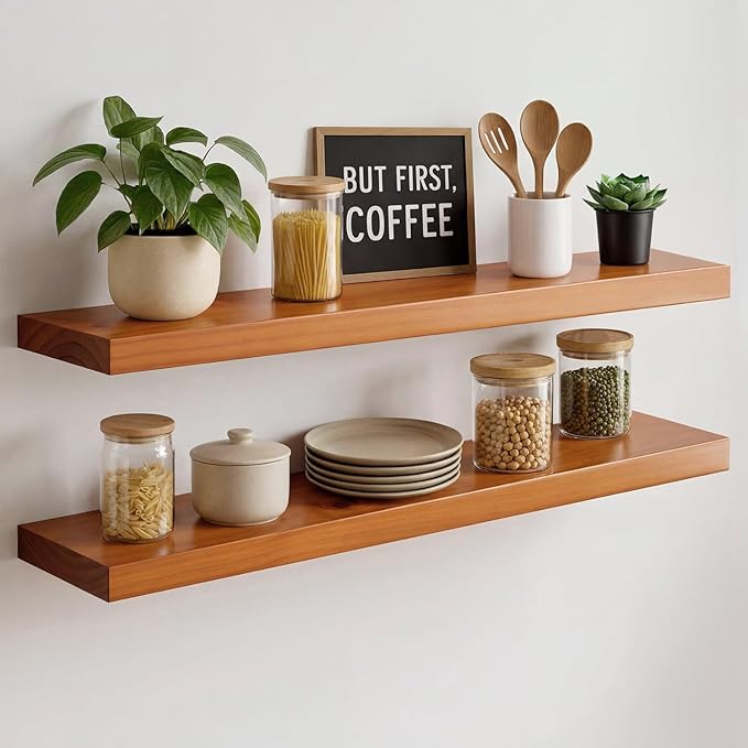 Homeforia Oak Floating Shelves 30 inch Long, High End Solid Real Wood 30inch Floating Shelves for Wall Mounted, Honey Oak Wooden 30in Floating Shelf, Heavy Duty Bracket, 30 X 6.5 X 1.75 in, Set of 3